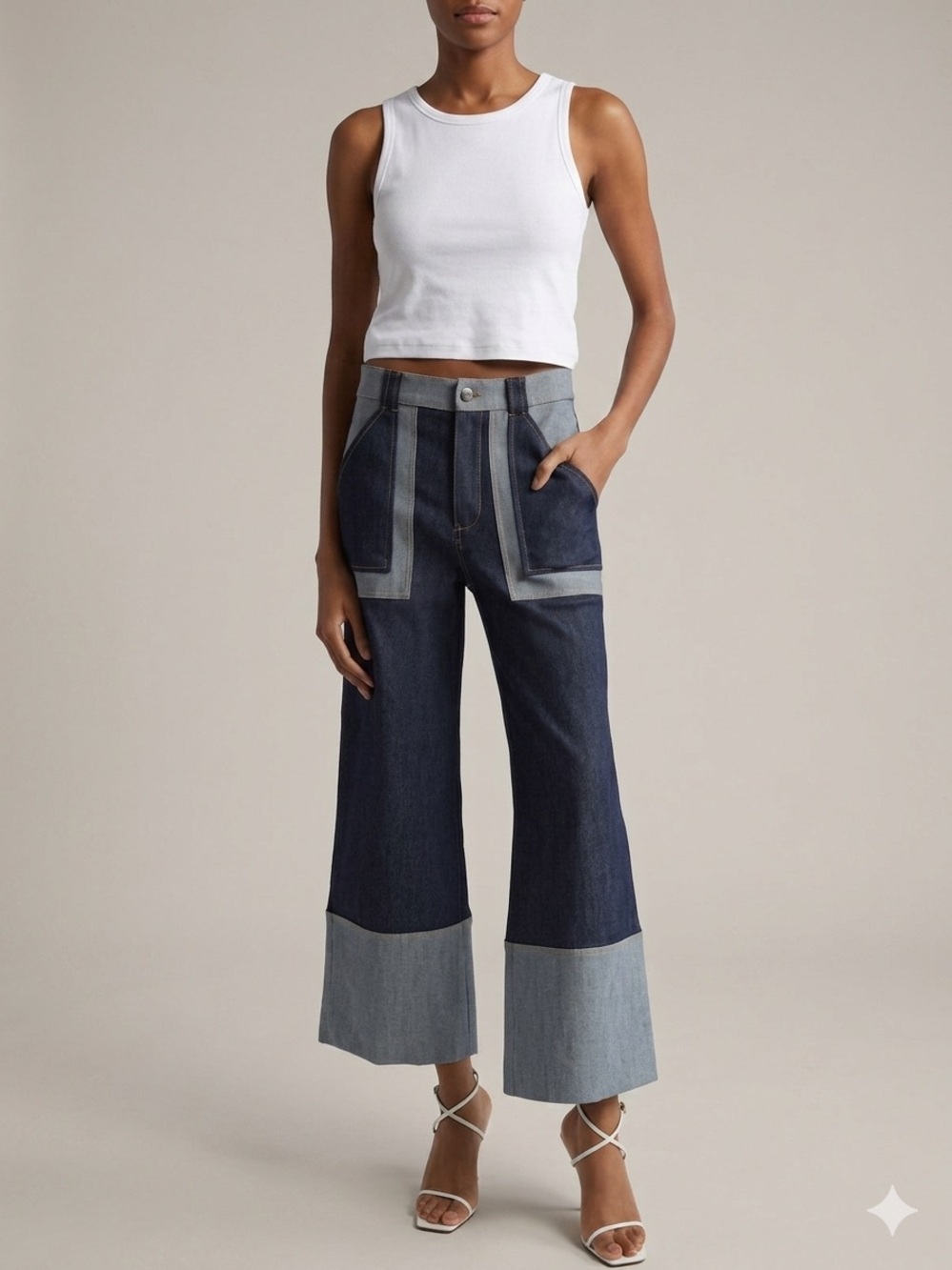 Two-Tone Wide-Leg Jeans Chic Edgy High Waisted Extra Large